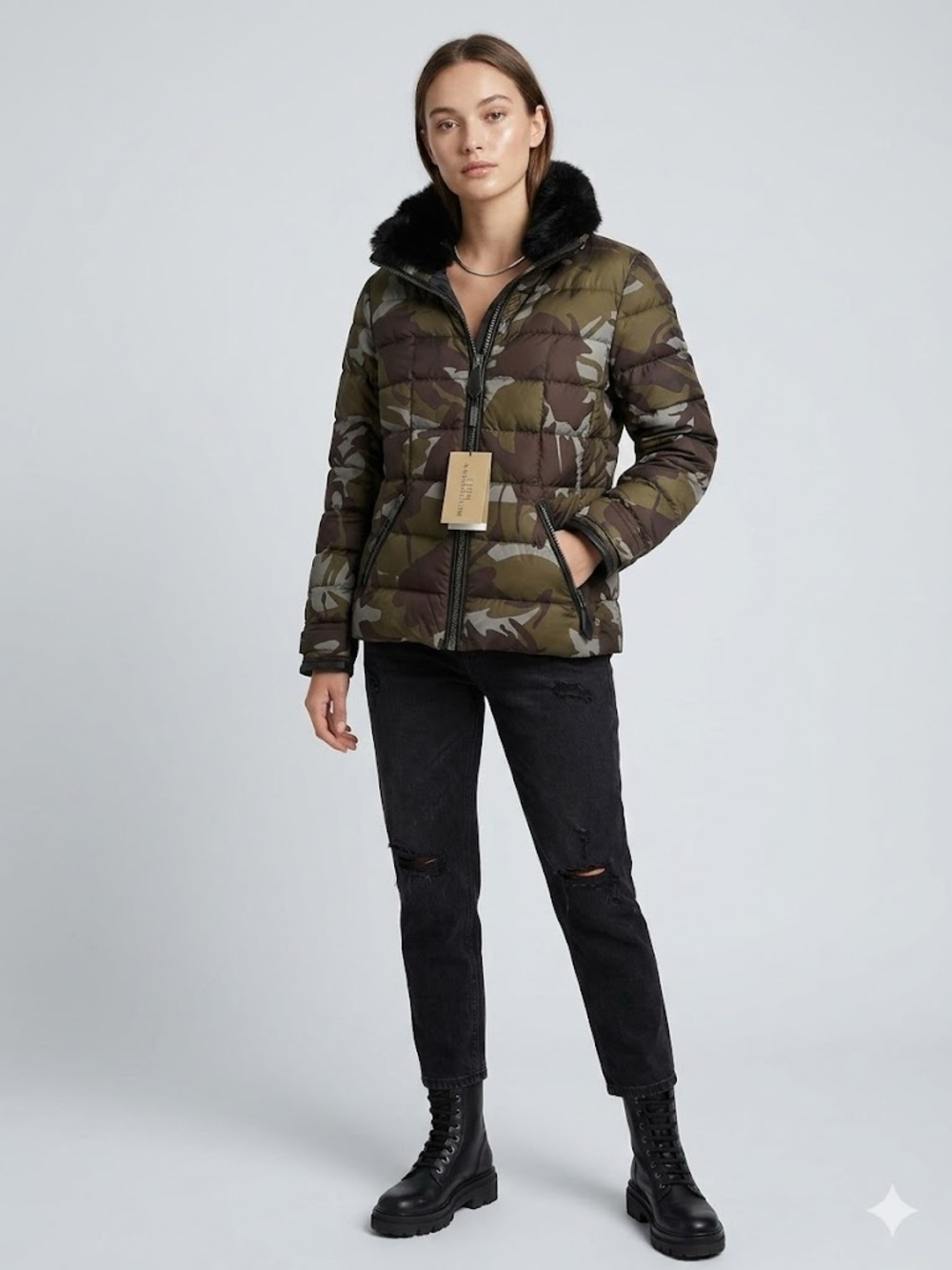 Burberry Totsdale Shearling Trim and Leather Lined Camo Puffer Jacket